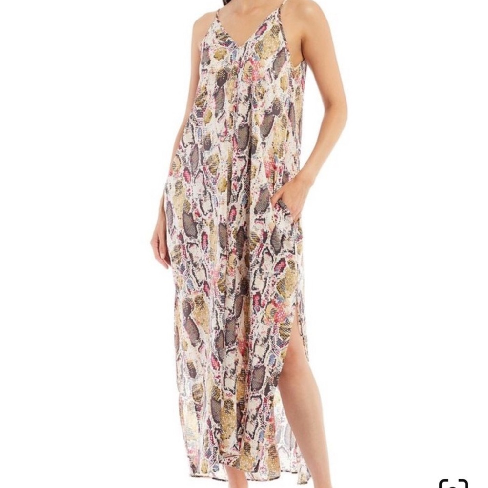 Van Winkle & Co. Snakeskin Print Biege Pink V-neck Satin Slip Maxi Dress size M